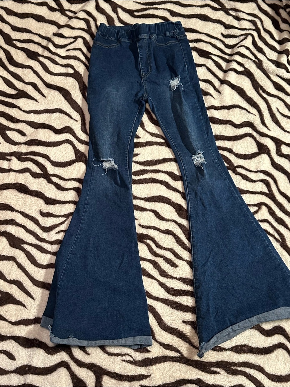 High-Rise Dark Blue Distressed Flare Jeans for Women